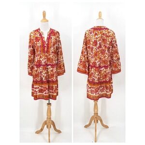 LOLA AUSTRALIA Dress Womens Small Orange Floral Boho Tiered Cotton 3/4 Sleeve